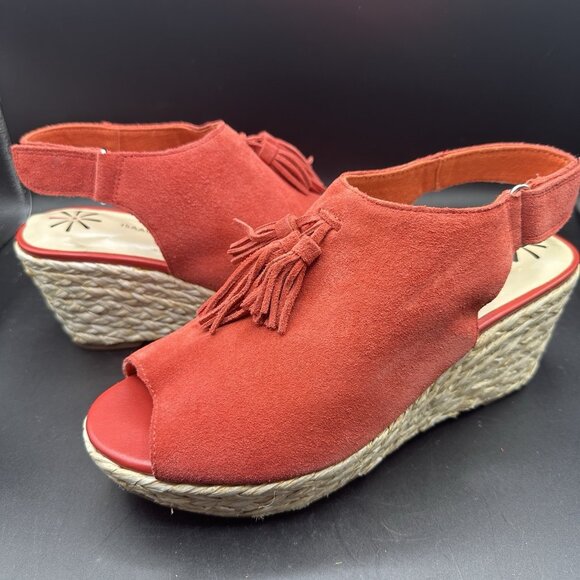 Red Suede Tassel Slingback Wedge Sandals Espadrille 8W Isaac Mizrahi Live - Picture 2 of 10
